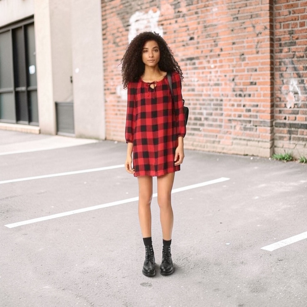 Madewell Red and Black Buffalo Plaid Mini Tunic Dress